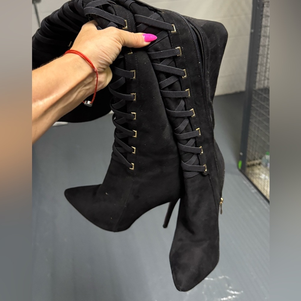 Faux suede over the knee high heeled boots with lace. Size 8. Red soles.